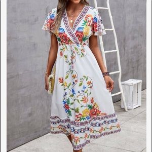 Boho Floral Paisley Print Butterfly Sleeve Dress